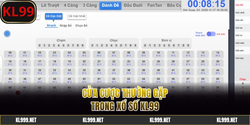 Các cửa cược tỷ lệ ăn cao trong xổ số KL99